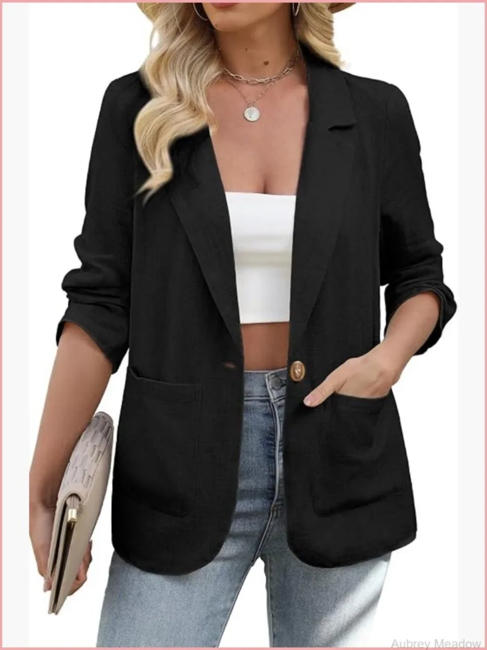 Women's Linen Blazer Casual Long Sleeve Lightweight One Button Jacket Spring